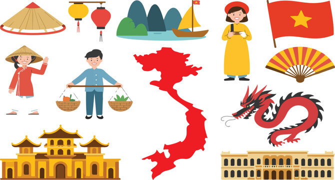 Travel to Vietnam infographic banner featuring cultural elements, landmarks, food, map, flag, Ho Chi Minh Mausoleum, Pho, and Saigon Cathedral cartoon illustration