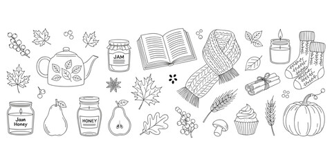Fototapeta premium Autumn cozy elements illustration, seasonal fall design, harvest motif artwork, warm decorative symbol, rustic lifestyle motif, comfort artwork, black white drawing