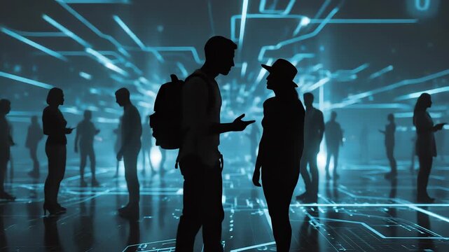 Silhouetted crowd in a blue-lit futuristic space with neon circuit patterns on walls and floor; people walk and mingle in a surreal, digital ambiance