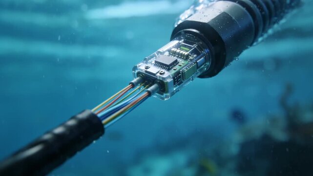 Focused view of an advanced fiber monitoring sensor on an underwater cable segment highlighting intricate details while the sea environment remains out of focus.