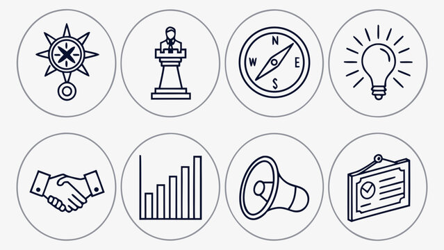 Leadership and communication icons featuring award compass lighthouse idea bulb megaphone and handshake symbols for professional guidance and unity