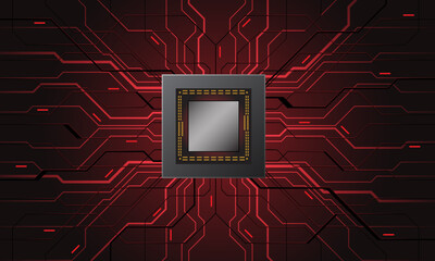Abstract red circuit board technology connected lines electronics elements computer motherboard chip processor semiconductor digital background vector © patthana
