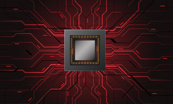 Abstract red circuit board technology connected lines electronics elements computer motherboard chip processor semiconductor digital background vector