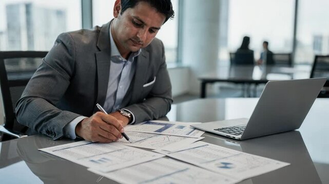 Midsize company agent examining complex telecom expense reports showcasing strategies to minimize excess charges with a softly unfocused boardroom backdrop.