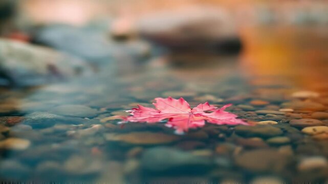 Close-up of a pink-red maple leaf floating on clear water; colorful pebbles visible beneath, with soft, dreamy bokeh and warm sunset tones