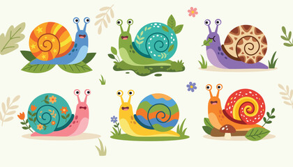 Cute Cartoon Snail Characters Collection in Flat Style © Antonina