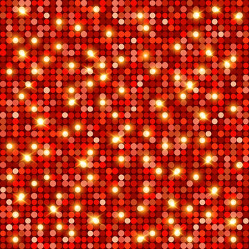 Square luxury premium shiny disco light background with glitter, sparkles and glares. Abstract glowing sequin wall. Blank polka dot red gold backdrop. Festive, elegant, New Year vector EPS10