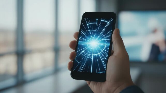 Hand gripping a mobile device presenting recent alerts and updates from a portal search interface background intentionally out of focus for depth effect.