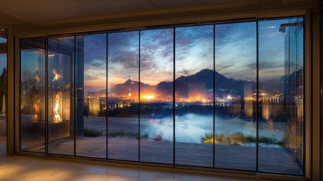 Sunset lake view through smart window, panoramic glass doors framing mountain silhouette over calm water, warm interior lighting casting cozy reflections, modern living space optimized for relaxation