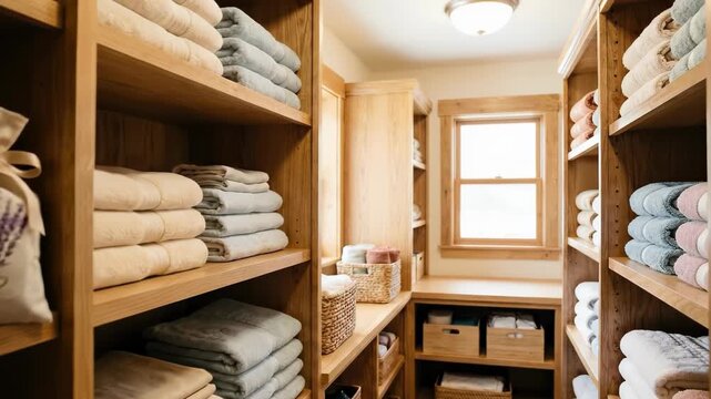 Neatly organized wooden linen closet filled with folded towels in earthy tones and a lavender sachet for a clean home organization aesthetic