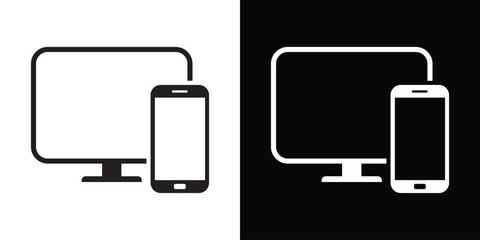 Vector illustration of a computer monitor and smartphone. Minimalist flat icon representing responsive web design, multi-device synchronization, and modern digital communication.