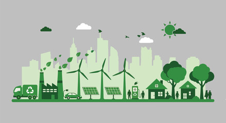 Fototapeta premium Green eco city concept illustration with sustainable lifestyle elements factory houses wind turbines solar panels electric car charging station