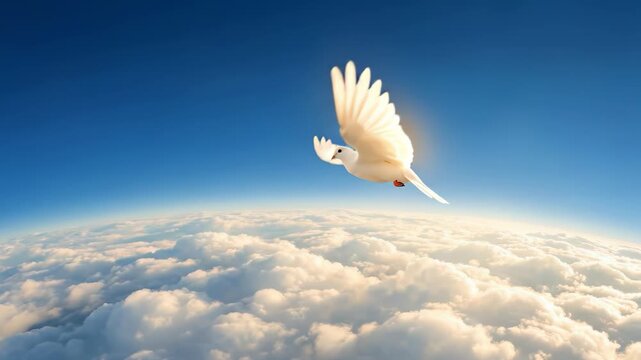 White dove flying high above a vast cloudscape at sunrise as a visual metaphor for peace freedom and global connectivity
