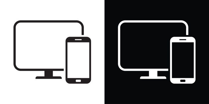 Vector illustration of a computer monitor and smartphone. Minimalist flat icon representing responsive web design, multi-device synchronization, and modern digital communication.