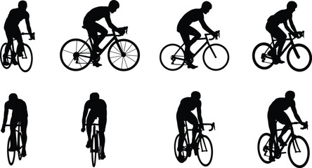 Obraz premium Cyclist silhouette set riding road bike in different positions, professional cycling action, sport training concept, racing posture collection, isolated athletic figure illustration