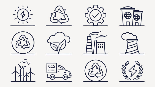 Sustainable energy and carbon capture icon collection featuring solar power recycling gear manufacturing factory buildings electric car ccs truck