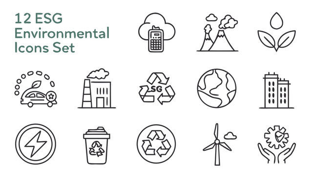 Environmental social and governance icons set for corporate esg reporting with earth globe wind power recycling symbol electric car green building