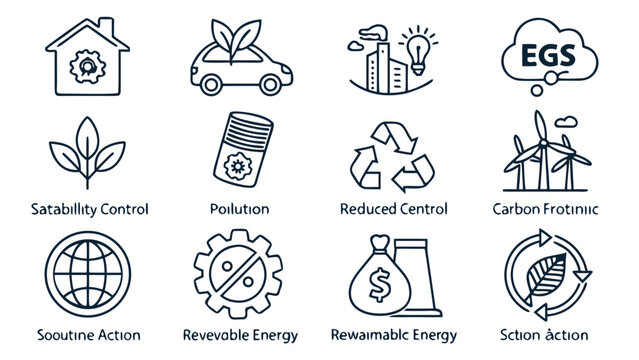Sustainability control and renewable energy icon collection featuring electric car factory globe gear and wind turbines with descriptive captions