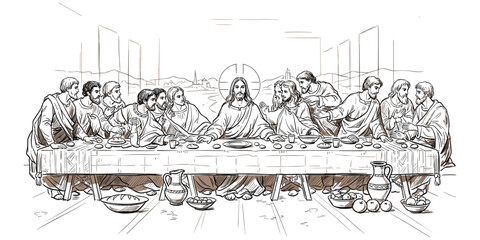Obraz premium Last Supper line drawing illustration, Jesus apostles table scene, Christian art history, sacrifice betrayal communion, religious artwork vector, flat vector illustration