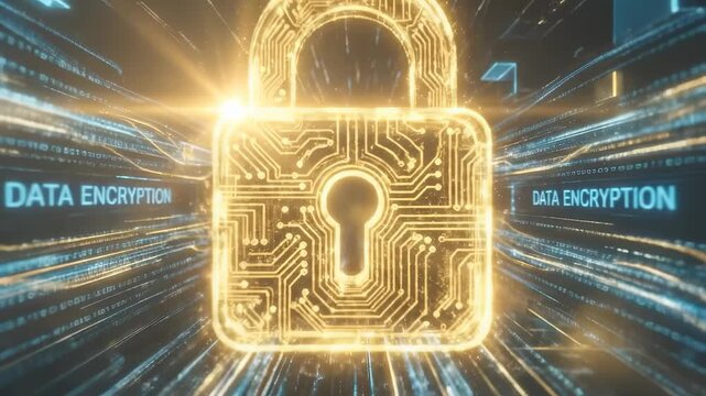 Glowing digital padlock with data encryption text protecting glowing network infrastructure and information flow for cybersecurity