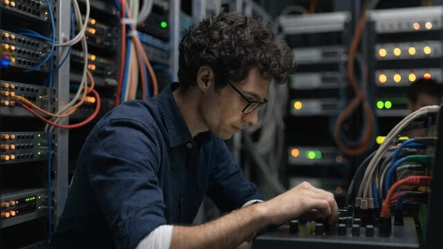 Medium shot of a network engineer adjusting settings on a console with soft focus on secondary equipment highlighting SDWAN deployment for optimized enterprise connectivity.