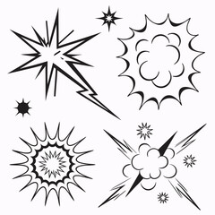 Collection of comic explosion icons with star bursts and lightning flashes plus smoke clouds and dynamic action shapes for retro book illustrations © mo