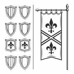 Medieval heraldry set with shields and banners on white background featuring fleur de lis symbol for royal family crest or kingdom emblem design © mo