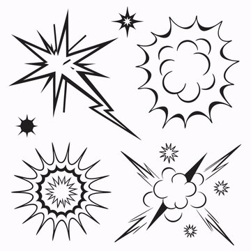 Collection of comic explosion icons with star bursts and lightning flashes plus smoke clouds and dynamic action shapes for retro book illustrations
