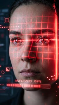 Facial recognition system scanning female face for biometric identity verification and secure access control