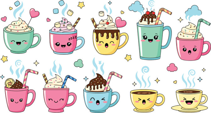Cute kawaii coffee cups collection with hot chocolate whipped cream marshmallows and sweet drinks cartoon vector illustration set