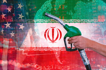 Concept of geopolitical conflict between USA and Iran affecting global oil prices. Fuel nozzle over...