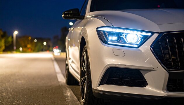 Sleek White Car Illuminating the Night Road with Bright Headlights.