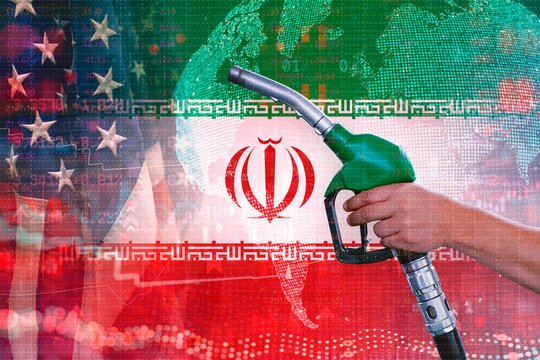 Concept of geopolitical conflict between USA and Iran affecting global oil prices. Fuel nozzle over national flags with stock market data, energy crisis and economic volatility.