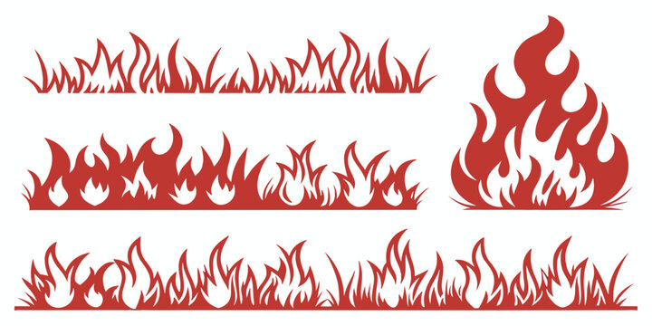 Red fire flames and grass vector illustration, set of decorative simple graphic silhouettes of blazing bonfire and plants in field