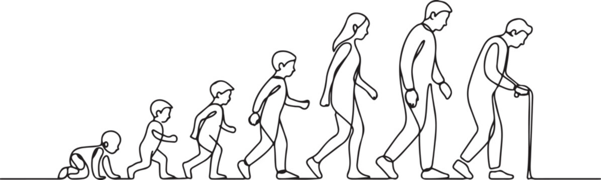 Continuous one line drawing showing human life evolution from crawling baby to elderly with cane. One line draw graphic design vector