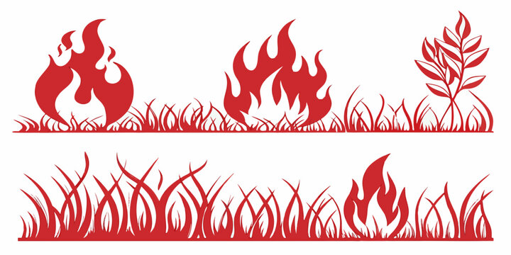 Red fire flames and grass silhouettes vector illustration, collection of simple graphic elements of blazing bonfire and plants
