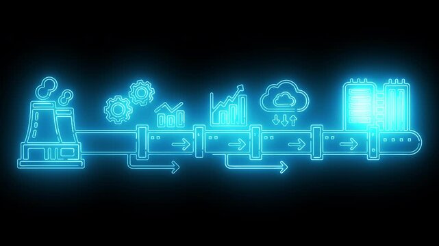 Neon blue flowchart diagram with glowing icons on a black background, illustrating a process with various stages and arrows.
