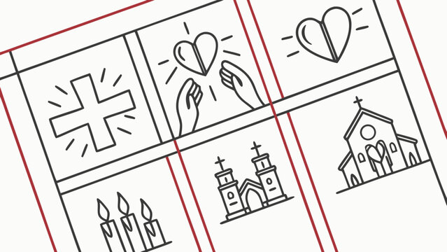 A grid of religious and spiritual icons including a cross, candles, churches, and hands holding a broken heart, representing faith and healing