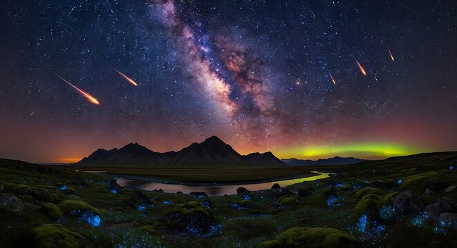 Captivating night sky panorama featuring the luminous milky way, bright meteors, and a vibrant aurora borealis over dark mountains and mystical bioluminescent moss.