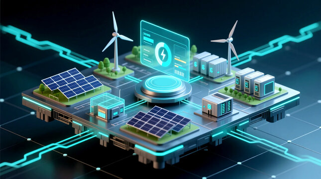 Isometric visualization of smart energy grid illustrating sustainable solutions and clean energy integration vital for addressing the energy crisis and fostering balanced green future