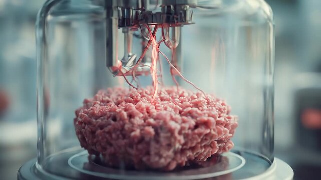Close-up of a lab-grown meat patty inside a glass dome in a high-tech lab; pink minced meat on a plate, surrounded by sterile machinery and blue-toned lighting