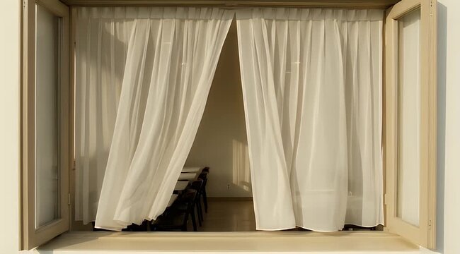 Bright interior with orderly tables, chairs, framed by open window and soft sheer curtains