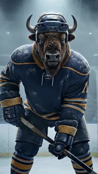 Anthropomorphic buffalo hockey player in full blue and yellow uniform standing on ice arena with steam coming from its nose