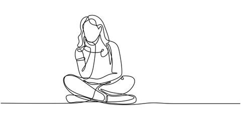 One Line Drawing Woman Sitting on Chair Pensive Pose, Single Line Drawing of a Sad, Seated Young Woman, pensive woman sitting continuous one line drawing