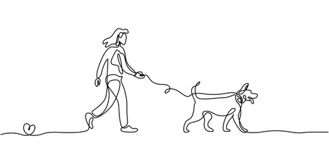 Continuous one line drawing of a man is walking a dog on a leash, Continuous One Line Girl Walking with Dog | Minimalist Pet Companion Vector Illustration, Man Walking with Dog Continuous One Line