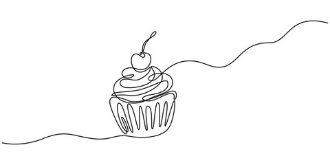 Cupcake with cream and cherries in one line drawing. Simple design for dessert themes, Cup cake with cherry topping. Continuous one line drawing art vector illustration, Continuous line drawing.