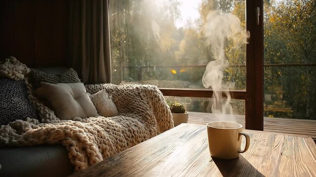 Cozy living room scene featuring a chunky knit blanket on the sofa, plush cushions, a steaming mug on a wooden table, and warm autumn light through a large glass window