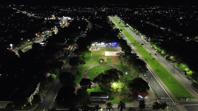 Aerial Night View of Urban Park and Streets in Ourinhos Brazil 4K
