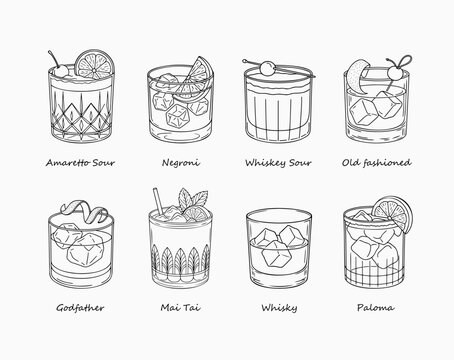 Hand drawn whiskey and cocktail illustration set in line art style. Collection of classic bar drinks in rocks glasses with ice and garnish. Minimal black outline vector for menu or poster design.