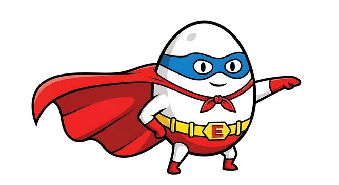 A cute cartoon egg character dressed as a heroic superhero with a red cape and a blue eye mask
